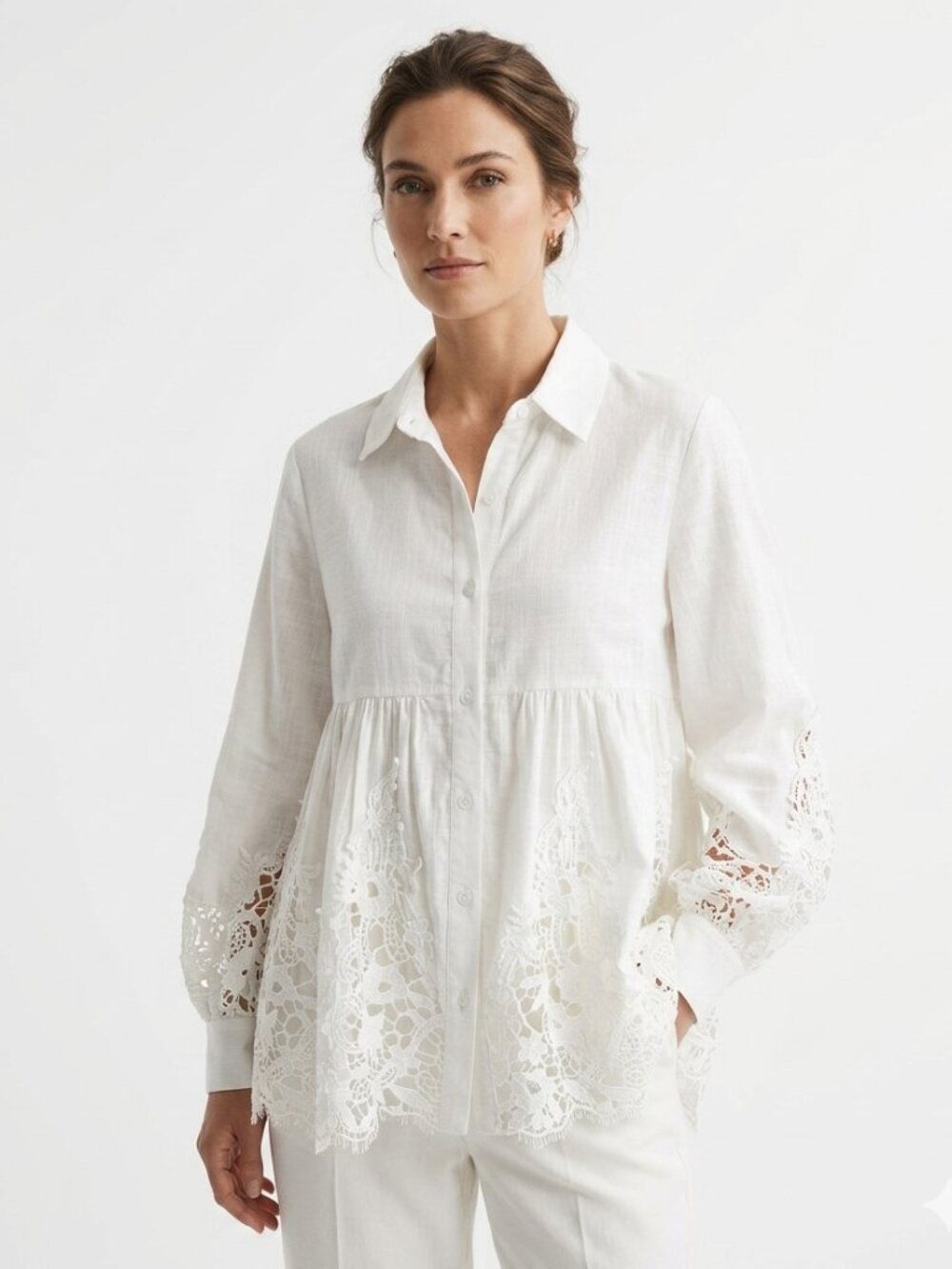 White Lace-Trim Button-Front Women's Blouse